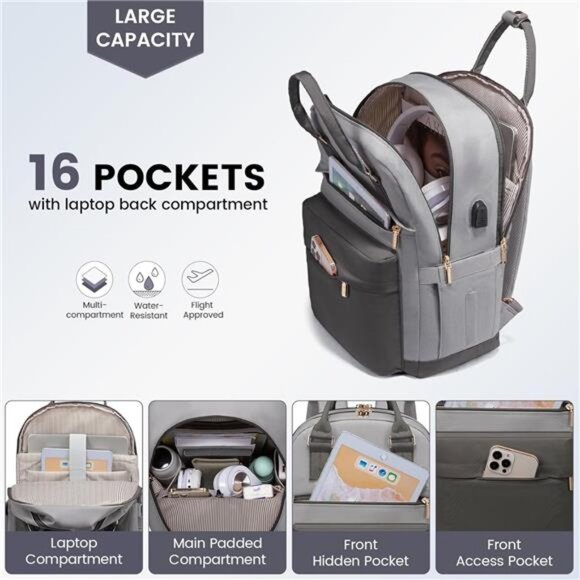 Laptop Backpack for Women 15.6 Inch, Grey main image 5